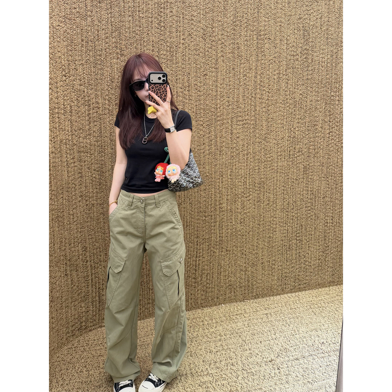 "American-Style Work Pants" Mid-Waist Loose-Fitting Slimming Outdoor Wide-Leg Casual Pants