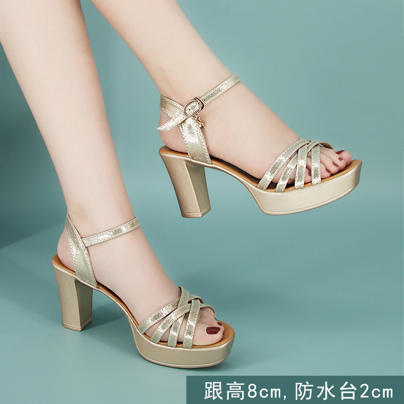 Sandals 8cm Gold Chunky Heel Sandals Thick Sole Ankle Strap Waterproof Platform 2026 New Open-Toe Versatile High Heels