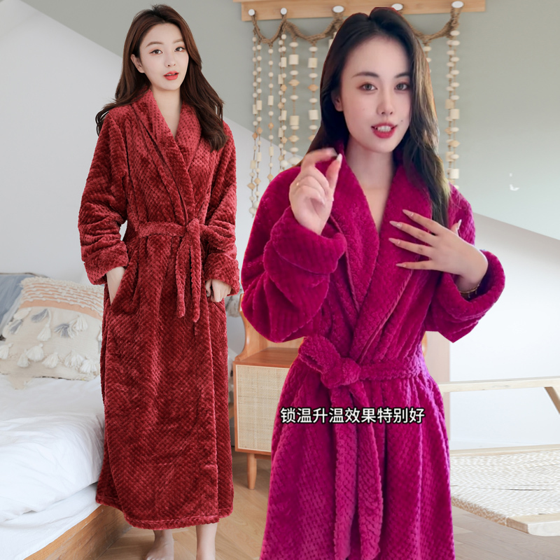 Thickened Winter Long Bathrobe for Men, Loose One-Piece Pajamas for Women, Warm Plus-Size Double-Sided Fleece Autumn and Winter Dressing Gown for Women