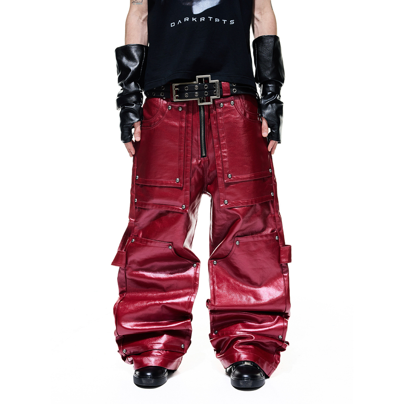 Darkrtpts Red Liquid Metal Coating Stereo Cut Rivet Silhouette Lumberjack Pants Opium Denim Trousers