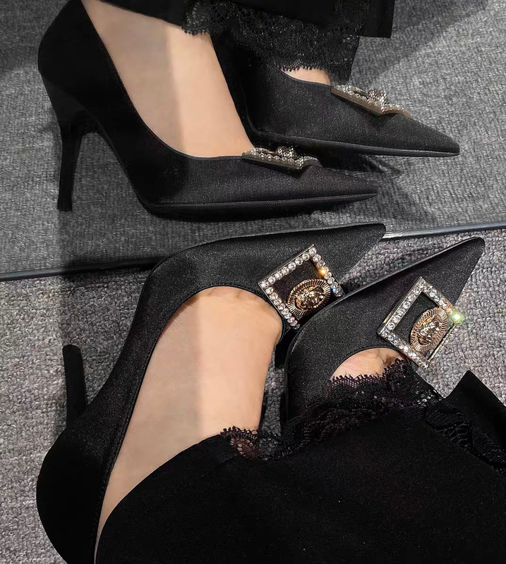 Pointed-Toe Black High-Heeled Shoes for Women, 2026 New Style, Metal Square Buckle Design, Niche Stiletto Heels, Sexy Professional Shoes Pointed-Toe Black High-Heeled Shoes for Women, 2026 New Style, Metal Square Buckle Design, Niche Stiletto Heels, Sexy Professional Shoes