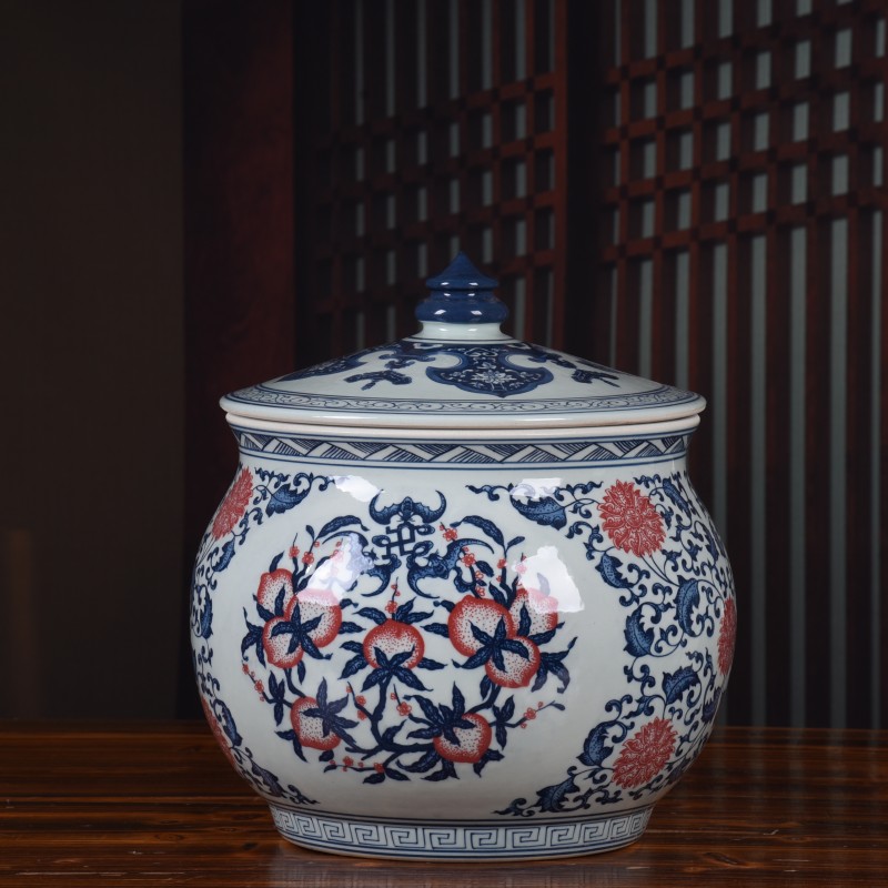 Jingdezhen hand-painted ceramic antique blue and white porcelain tea pot tea pot tea cake seven cake storage pot large ornaments