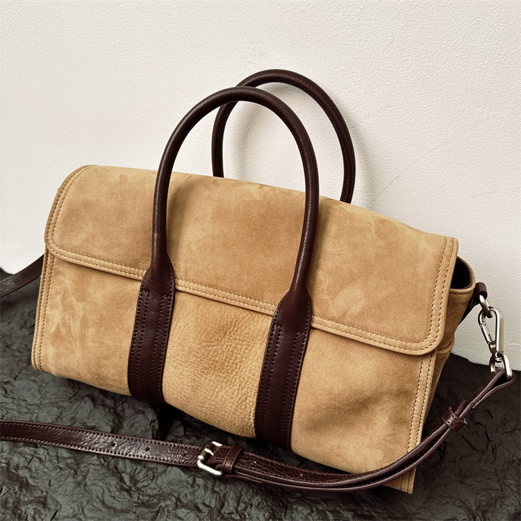 Imported Vegetable-Tanned Suede Cowhide Boston Bag, Niche Handbag, Genuine Leather Suede Shoulder Crossbody Bag for Women
