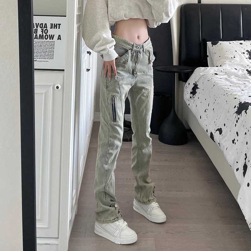 American High Street Style Yellow Buttoned Denim Jeans, Trendy Brand, Cool and Stylish, Straight-Leg Slim-Fit Pants, Trendy for Both Men and Women