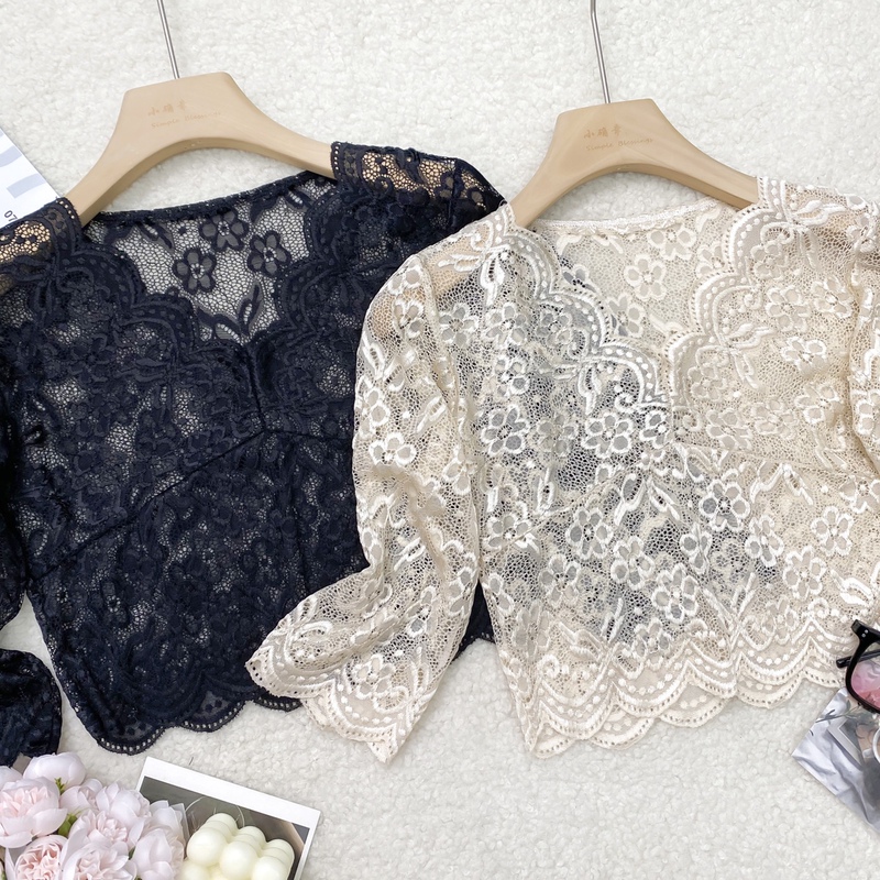2023 New Autumn Black V Neck Lace Bottoming Shirt for Women with Mid-Sleeve Fashionable Western-Style Shirt Gauze T-Shirt Top