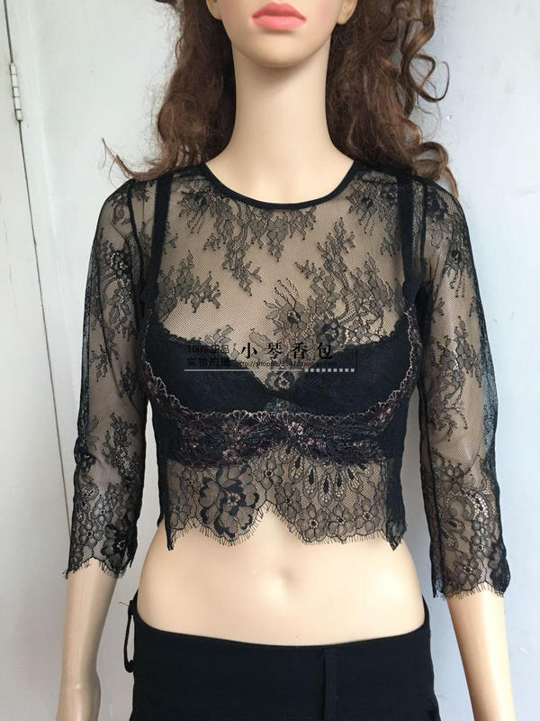 Thread-Cut Eyelash 2020 New Versatile Lace Eyelash Base Shirt Women's Top Black and White Three-Quarter Sleeves
