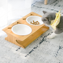 Cat bowl Ceramic protection cervical spine Wooden bowl holder Cat food Dog food bowl Pet bowl Double bowl tilt anti-tipping Cat food bowl