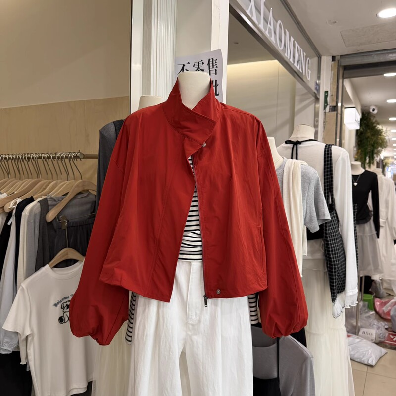 Stand Collar Loose Red Windbreaker Jacket for Women, Spring 2026 New Korean Style Petite Casual Short Jacket