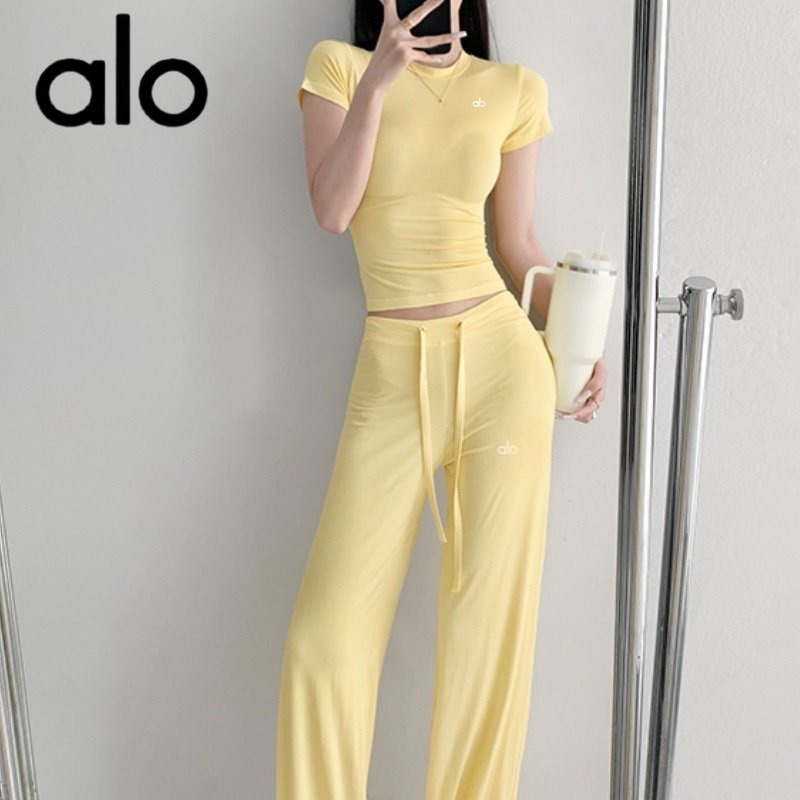 Aio2026 New Season Product: Soft and Simple Waist-Exposing Basic Tight-Fitting T-Shirt and Drawstring Breathable Long Pants Two-Piece Set