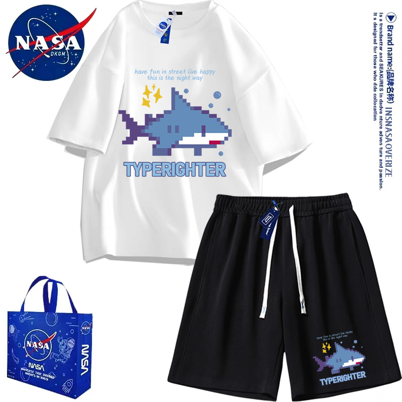 Nasa Co-Branded Shark Shorts Set for Men and Women, Summer Pure Cotton Short-Sleeved T-Shirt, Pajamas, Casual Sports Shorts
