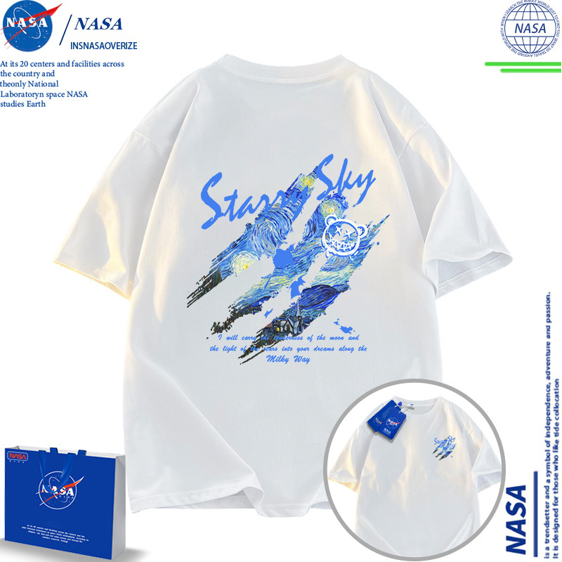 Nasa Co-Branded Van Gogh Starry Night Short-Sleeved T-Shirt for Men and Women, Summer Pure Cotton American-Style Youth White Oil Painting Top