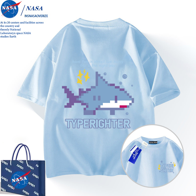 Nasa Co-Branded Sky Blue Shark Short-Sleeved T-Shirt for Men and Women, New Summer Style for Teenagers, Pure Cotton Half-Sleeved Cartoon Top