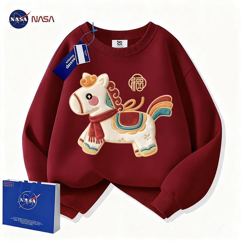 Nasa Co-Branded Embroidered Print Burgundy Sweatshirt for Men and Women, 2026 Year of the Horse, Zodiac Year Clothing, Fleece-Lined Top