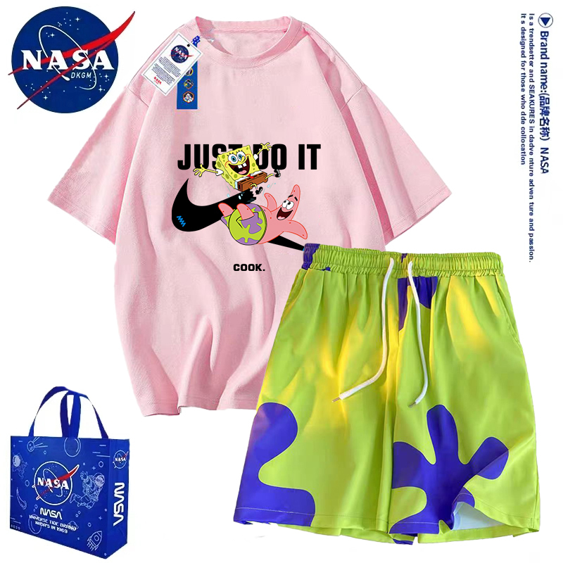 Nasa Co-Branded Patrick Star Pajamas for Men and Women, Summer Short-Sleeved Shorts Set, Big Kids and Students Beach Shorts, Five-Point Shorts