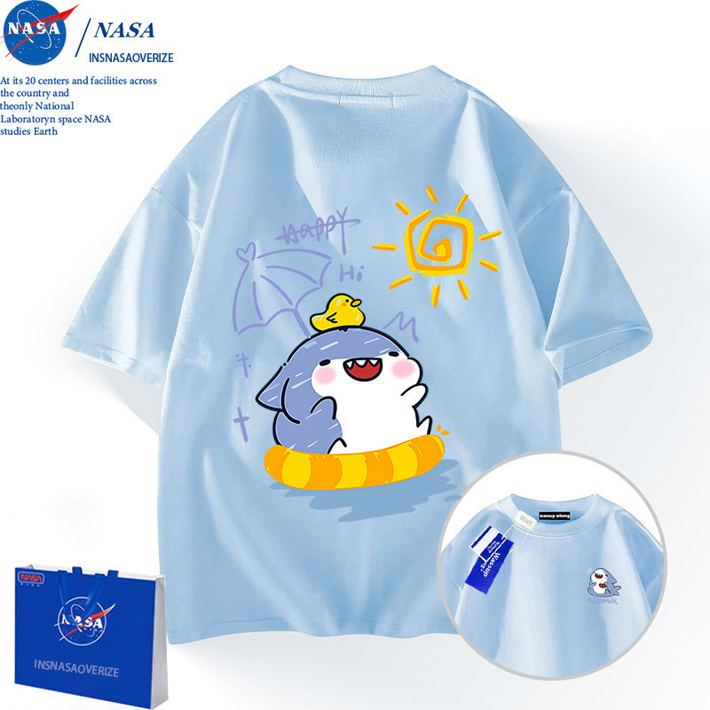 Nasa Co-Branded Shark Pure Cotton Short-Sleeved Men's and Women's Summer New Youth Sky Blue T-Shirt Casual Sports Top