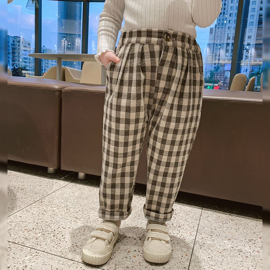 Foam foam Home Custom Tong Dress New Foreign Style Plaid Casual Pants Baby Han Version Loose Pants Children Dress Children Long Pants