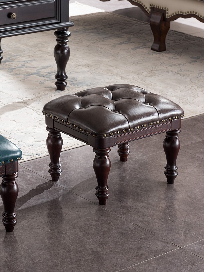American simple leather stool solid wood coffee table stool home low stool sofa stool European style shoe changing stool creative children's small stool