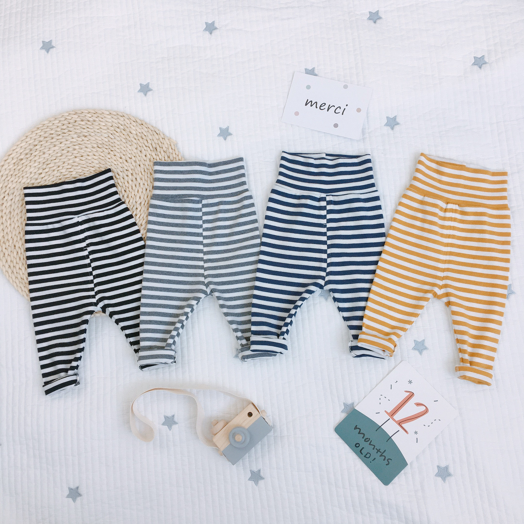 Male baby striped high waist and belly protection inner lap pants baby spring and autumn pure cotton female child fitting pants outside to wear open gear