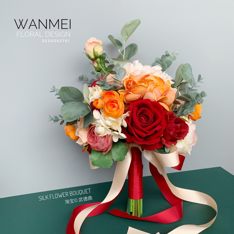 New orange color red matching hand-holding flower ball bride wedding photography simulation fake flower prop home living room decoration