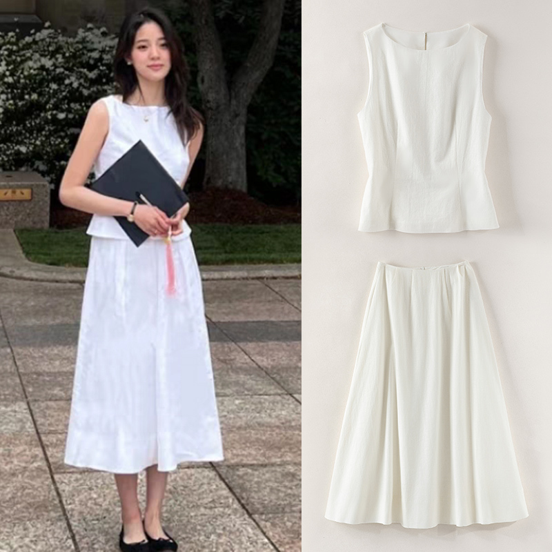 Minimalist Goethe-Style Ouyang Nana Graduation Photo Cotton and Linen Vest Top and Skirt Women's Summer Suit with a High Sense of Sophistication Minimalist Goethe-Style Ouyang Nana Graduation Photo Cotton and Linen Vest Top and Skirt Women's Summer Suit with a High Sense of Sophistication