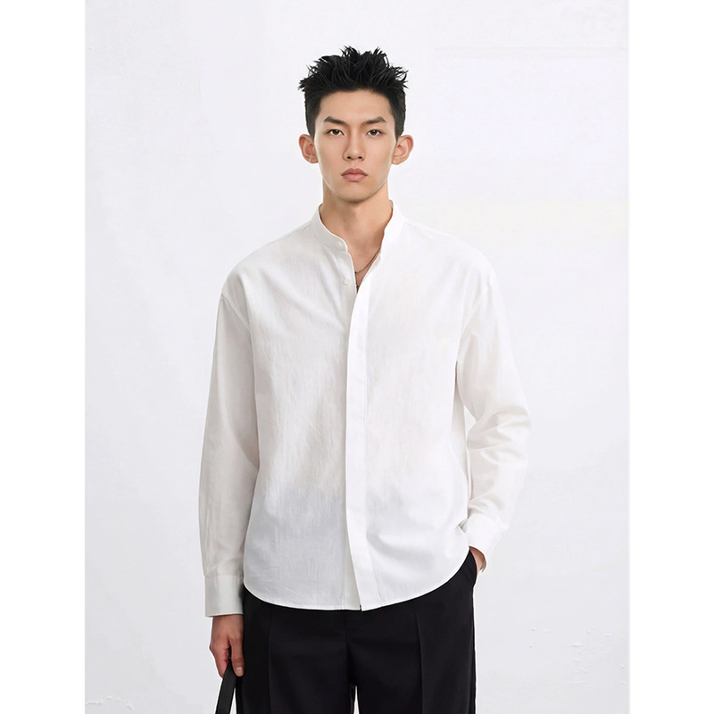 Combed Cotton Men's White Stand-Up Collar Shirt with Hidden Placket, Trendy Brand Unisex Long-Sleeve Jacket, New Chinese Style Versatile Shirt