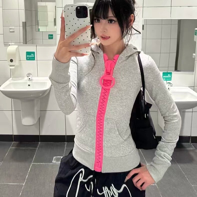American Retro Style Large Zipper Hooded Sweatshirt Jacket for Women 2026 Autumn and Winter New Slim Fit Cardigan Versatile Top