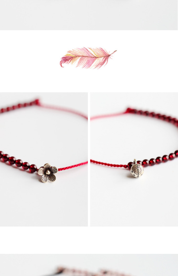[Trái tim tình yêu] Thái làm bằng tay chuông bạc rượu vang đỏ garnet dây đỏ vòng chân vòng đeo chân nữ bằng vàng