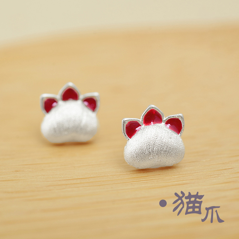 Gorgeous silver jewelry Japan and South Korea simple personality cute cat ear needle Feminine temperament fresh hypoallergenic 925 sterling silver earrings