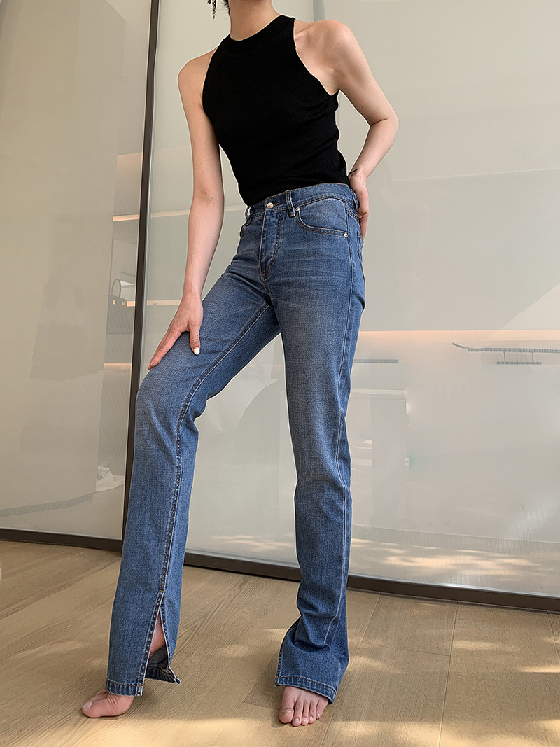 A Bow of a Bew) 100%Cottton leggings Lean Corner side open slit Low waist trendy jeans Special Offer