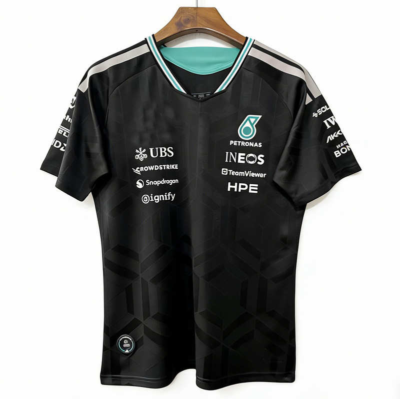 Mercedes-Benz 2026 Short-Sleeved Racing Suit F1 Casual Shirt Black T-Shirt V-Neck Top with Printed Advertising and Textured Patterns