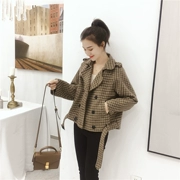 Áo hạt ngắn ngắn nữ phiên bản Hàn Quốc 2018 mùa thu mới retro cổng gió houndstooth áo len lửng lửng top