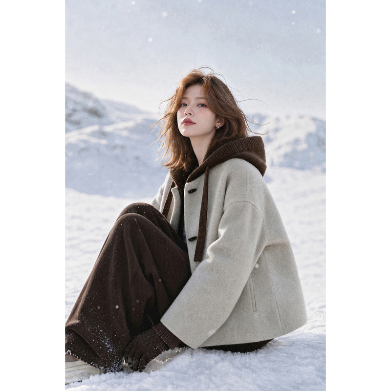 Small Grain Shimmer 100% Sheep Wool Double-Sided Woolen Coat for Women, Short Style, 2026 Winter Hooded Woolen Jacket Top