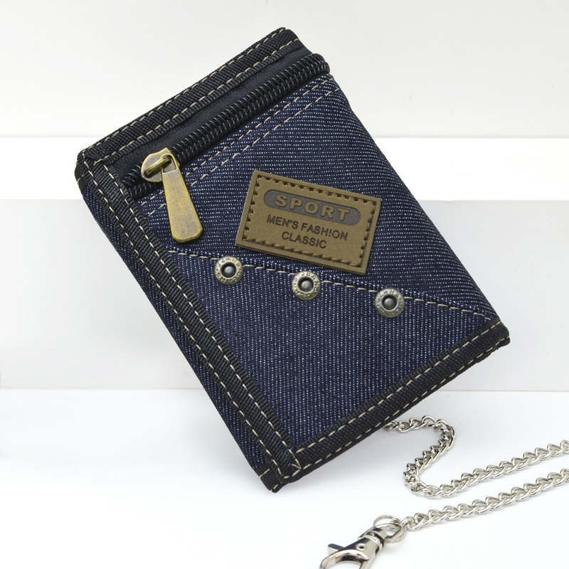 New Personalized Denim Zipper 70% off Canvas Wallet for Young Students and Men, Short Style with Chain Included