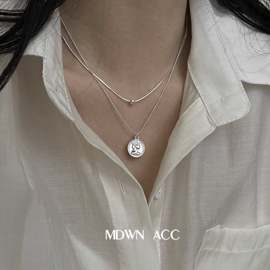 MDWN | スタイリッシュな925スターリングシルバーのレディースネックレス：スタイリッシュで重ね付け可能な肖像画、コイン、ヘビの骨、鎖骨チェーン