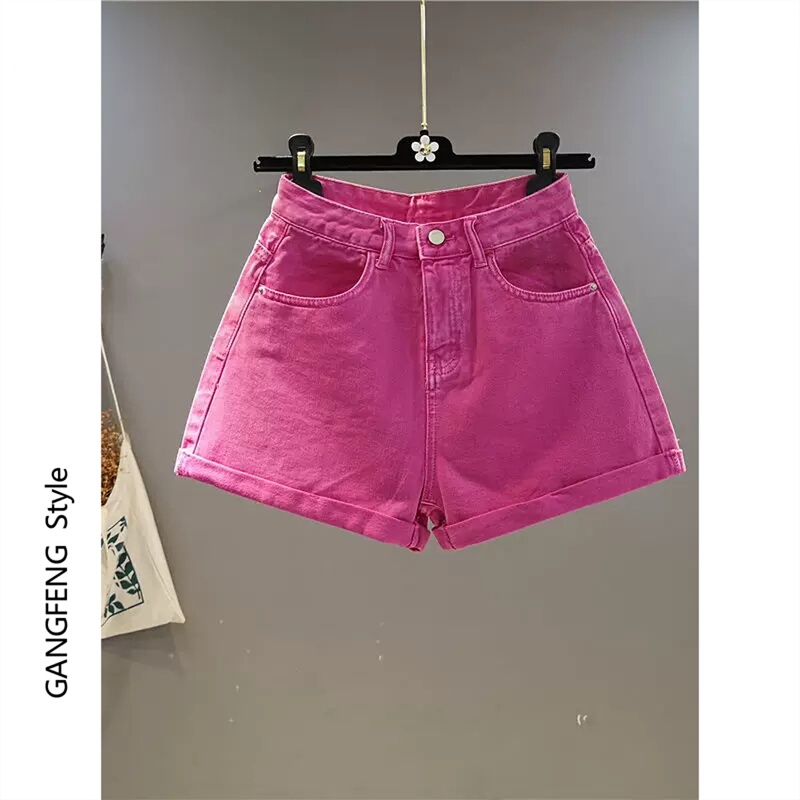 Korean Denim Shorts for Women, New Summer Style, Candy-Colored, High-Waisted, Wide-Legged, Rolled-Edge, Loose-Fitting, Slimming, Stylish Hot Pants