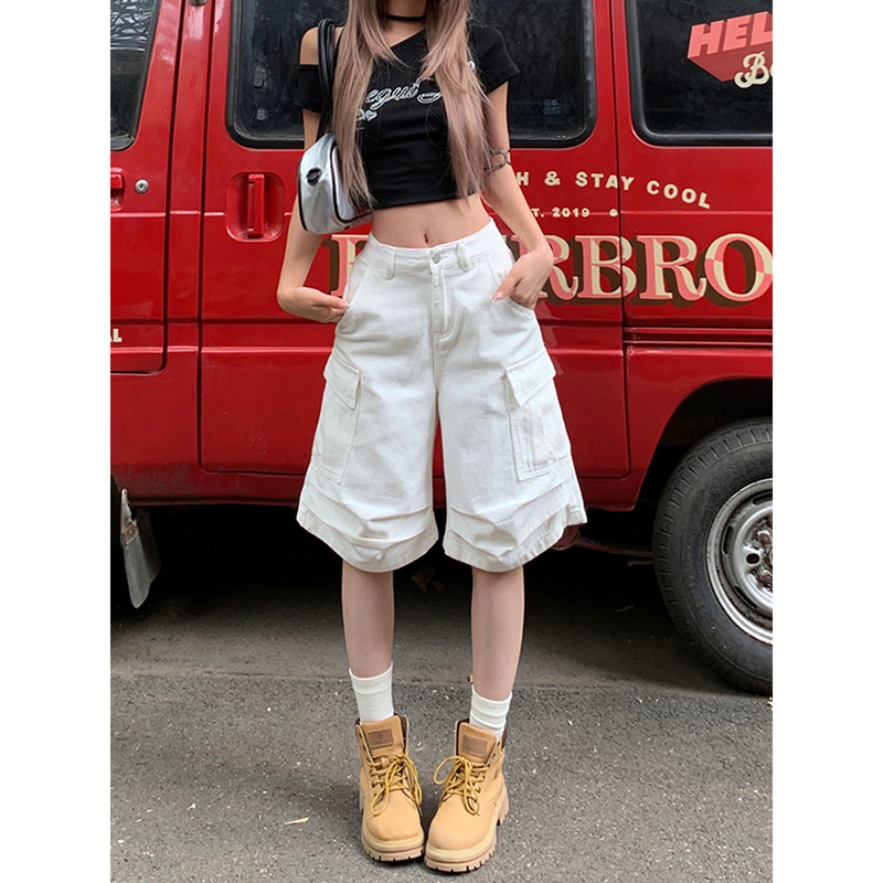American Retro White Wide-Leg Workwear Denim Shorts for Women, Summer High-Waisted Loose Multi-Pocket Casual Straight Mid-Length Pants