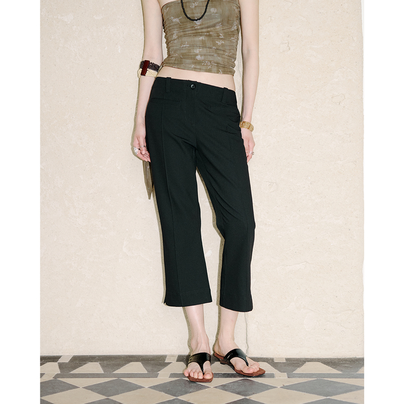 Loose-Fitting Flared Casual Pants with Slit at the Hem, Vintage Capri Black Flared Cropped Pants, Eight-Point Length