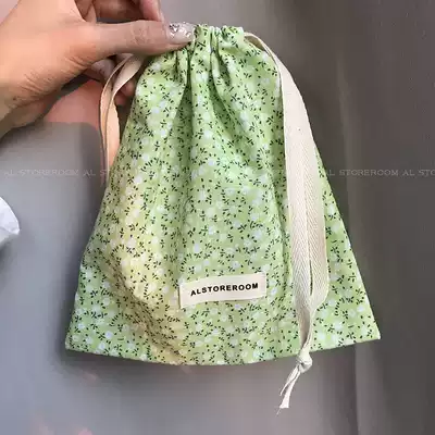 AL homemade green floral storage bag handbag handbag makeup women bag Korea ins drawstring cloth bag New Product