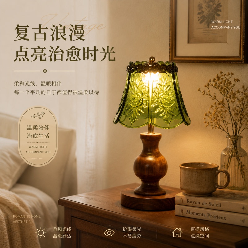 Vintage-Style Carved Green Glass Table Lamp for Homestay Decor, Bedroom Ambiance, Soft Light, Desktop Reading, and Mood-Enhancing Night Light