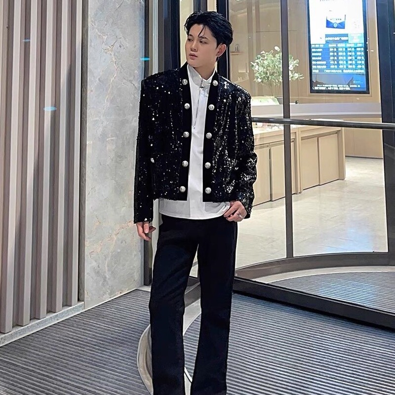 Tweed Style Jacket for Men 2024 Spring New Style Sequin Design Hairstylist Short Jacket Tweed Style Jacket for Men 2024 Spring New Style Sequin Design Hairstylist Short Jacket