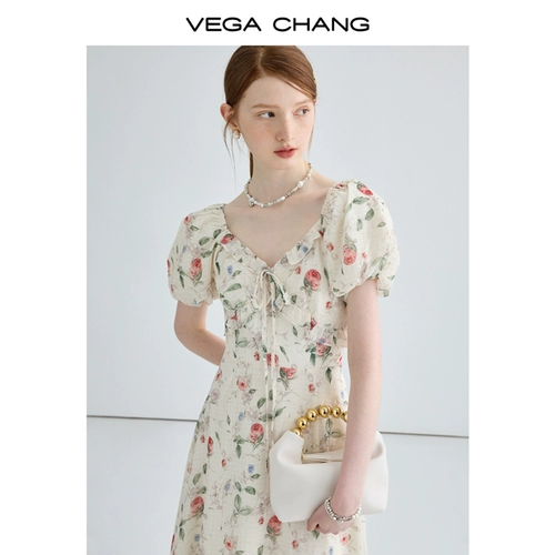 VEGA CHANG Летнее платье, длинная юбка, французский стиль, в цветочек, премиум класс, яркий броский стиль