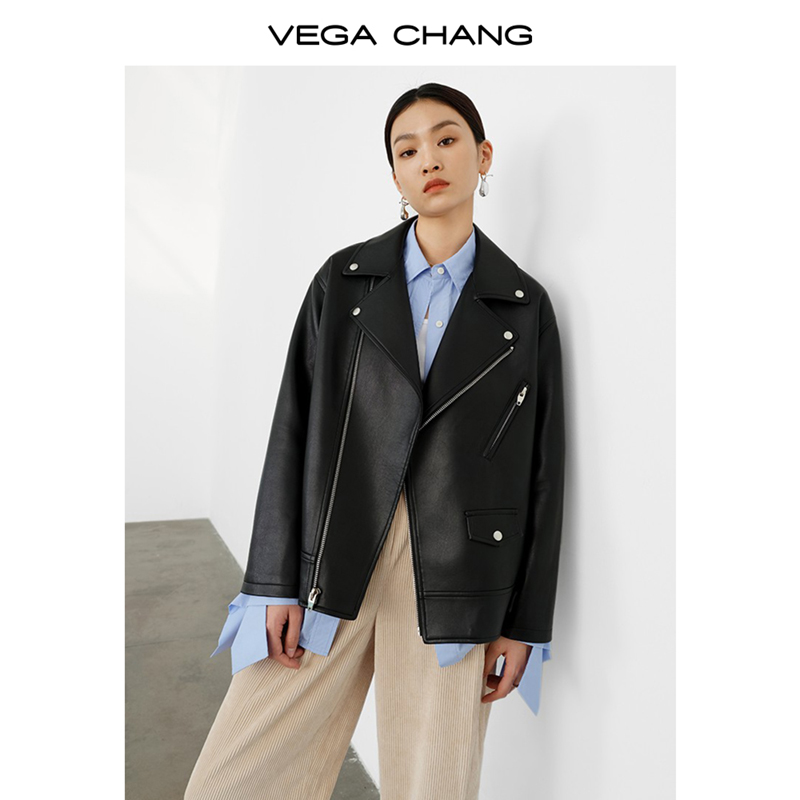 VEGA Chang motorcycle leather jacket for women autumn new Korean version suit collar bf style PU leather jacket black coat
