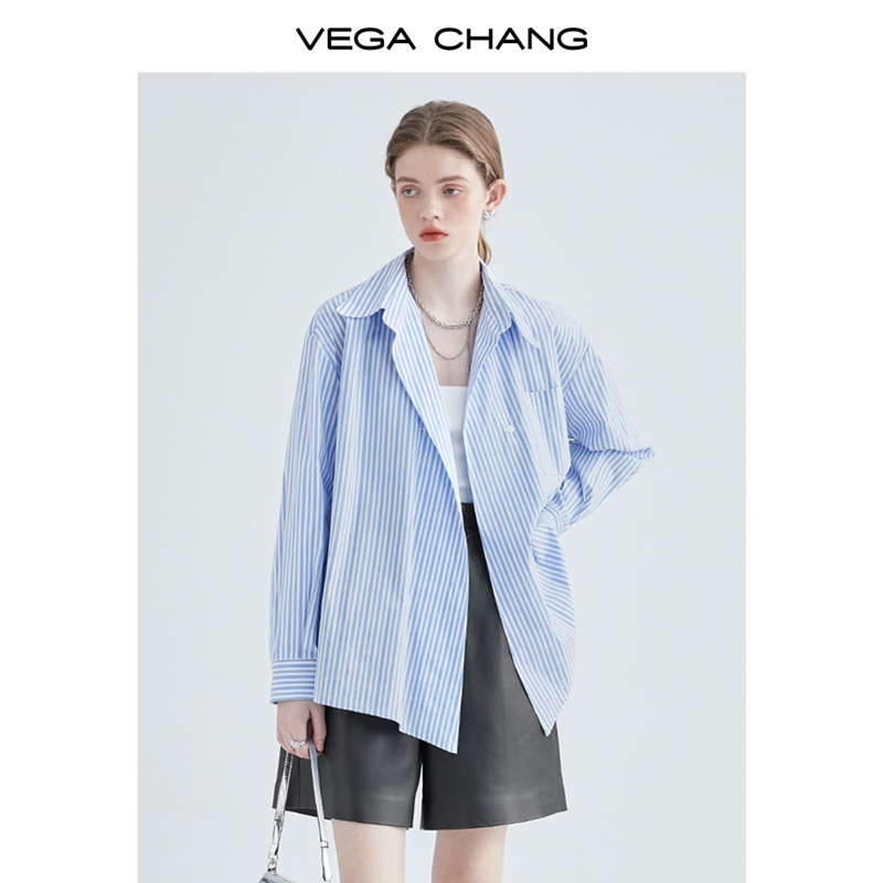 VEGA CHANG blue striped shirt women's design sense niche irregular loose top autumn 2022 new model
