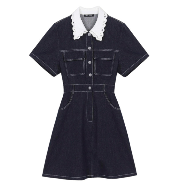 VEGACHANG denim dress summer women's 2024 new French lace doll collar shirt skirt