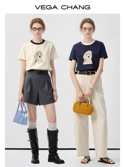 Vega Chang Short-Sleeved T-Shirt for Women 2026 Summer New Style Loose Round Neck Casual Vacation Puppy Print Top