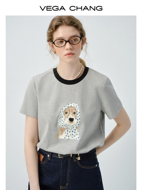 Vega Chang Short-Sleeved T-Shirt for Women 2026 Summer New Style Loose Round Neck Casual Vacation Puppy Print Top