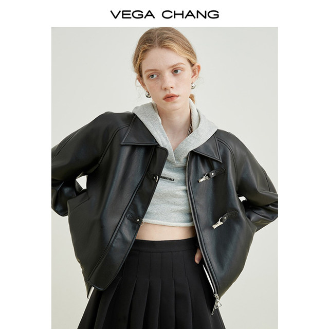 VEGACHANG motorcycle leather jacket for women spring and autumn 2024 new Korean style BF style one-button PU leather jacket