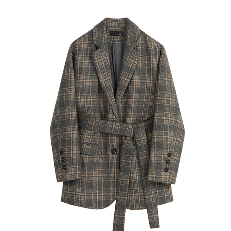 VEGA CHANG fur blazer women's 2021 new loose fall/winter ties with belt tweed coat