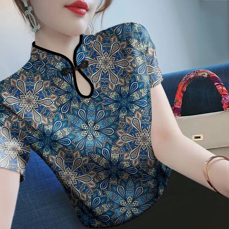 Improved Cheongsam Collar Short-Sleeved Floral Blouse T-Shirt 2026 Summer New Style Waist-Cinching Slimming Versatile Printed Top