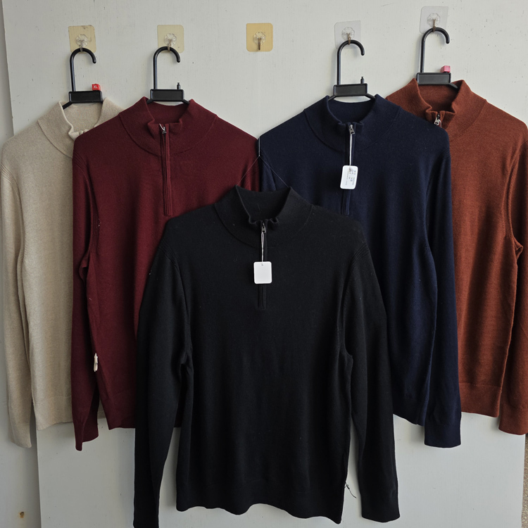 360345 Multi-Size and Multi-Color American Single Banana Style Merino Wool Half-High Collar Zip-Up Pullover Sweater